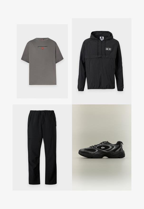 Veste légère noire à capuche avec demi-fermeture éclair à l'avant, cordons de serrage, poignets élastiques et petit patch logo rectangulaire Kappa sur la poitrine gauche.; T-shirt gris à manches courtes avec le logo "OAKLEY" et un petit graphisme rouge centré sur la poitrine, présenté sur un fond blanc uni.; Pantalons décontractés noirs avec taille élastique, deux poches latérales et une poche zippée sur la cuisse, présentés à plat sur fond blanc.; Baskets de sport noires et grises avec des panneaux en mesh, un design à lacets, une semelle épaisse et un petit logo de crocodile sur le côté.