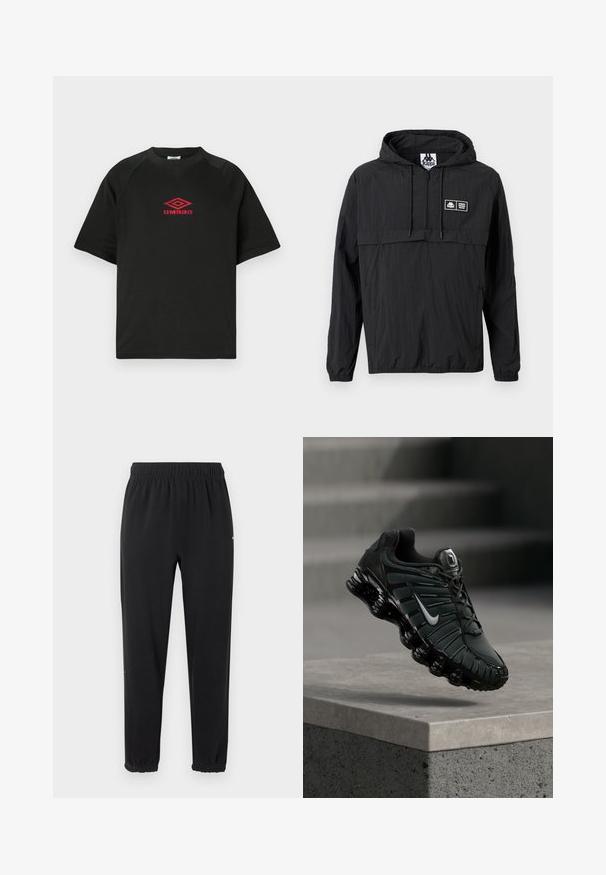 Zwarte lichtgewicht jas met capuchon, voorzijde halve ritssluiting, trekkoorden, elastische manchetten en een klein rechthoekig Kappa-logoplaatje op de linkerborst.; Zwarte t-shirt met korte mouwen en ronde hals met het rode Umbro-logo in het midden van de borst op een plain witte achtergrond.; Zwarte joggerbroek met elastische taille en elastische boorden, rechte pasvorm, zonder zichtbare versieringen, afgebeeld tegen een lichte achtergrond.; Zwarte en donkergrijze Nike hardloopschoen met wit swoosh-logo, zwevend boven een betonnen richel met trappen op de achtergrond.