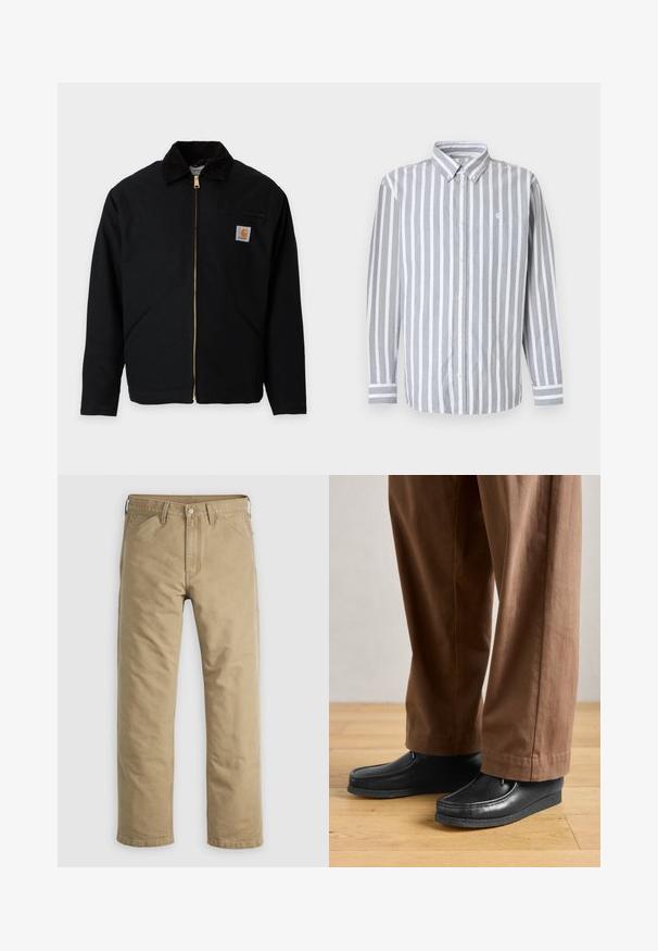Čierna bunda na zips s manšestrovým golierom, dvoma bočnými vreckami, vreckom na hrudi so zipsom a nášivkou s logom Carhartt na hrudi.; Pánska košeľa na gombíky so sivými a bielymi vertikálnymi pruhmi, dlhými rukávmi a malým logom na hrudi. Bavlnená látka, klasický golier.; Bavlnené nohavice v khaki farbe so strihom rovnej nohy, prednými vreckami a zapínaním na gombík. Hladká textúra a zosilnené švy pre odolnosť.; Čierne kožené topánky s mokasínovým dizajnom a šitím, v kombinácii s hnedými nohavicami, na drevenej podlahe.