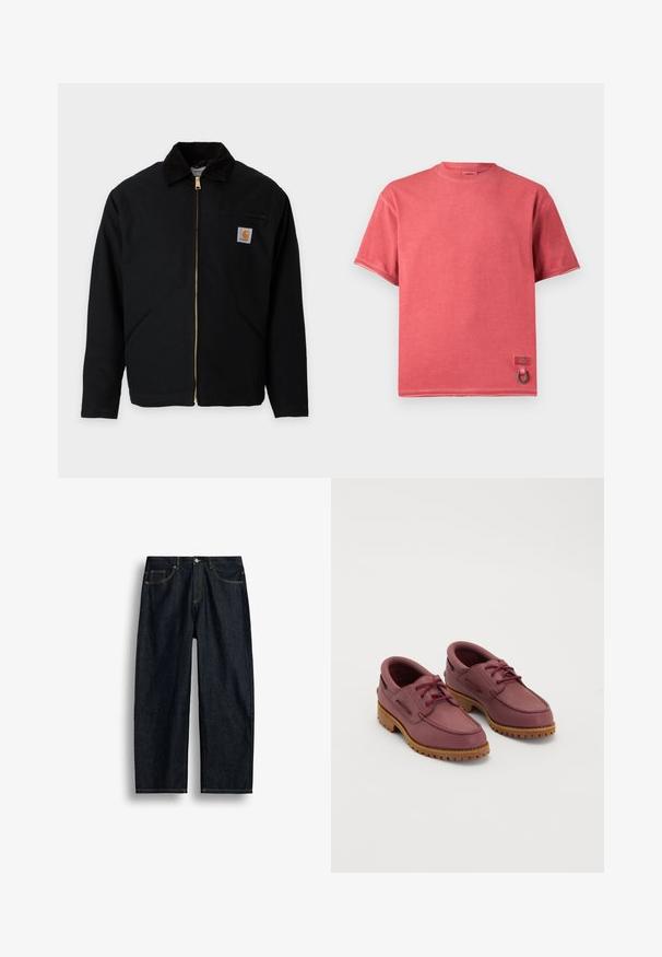 Schwarze Jacke mit Reißverschluss und Cordkragen, zwei seitlichen Taschen, einer Reißverschlusstasche auf der Brust und einem Carhartt-Logo-Patch auf der Brust.; Kurzärmeliges, ausgeblichenes rotes T-Shirt mit Rundhalsausschnitt, kleinem Markenpatch und Metallringsdetail nahe dem unteren Saum.; Dunkelblaue Jeans mit geradem Bein, gelben Nähten, vorderen Taschen und Knopfverschluss in der Taille.; Ein Paar kastanienbraune Leder-Bootsschuhe mit dicken hellbraunen Gummisohlen und roten Schnürsenkeln auf einem weißen Hintergrund.