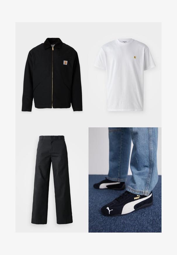 Schwarze Jacke mit Reißverschluss und Cordkragen, zwei seitlichen Taschen, einer Reißverschlusstasche auf der Brust und einem Carhartt-Logo-Patch auf der Brust.; Weißes Baumwoll-T-Shirt mit kurzen Ärmeln, Rundhalsausschnitt, mit einem kleinen goldenen Logo im linken Brustbereich. Weicher Stoff und normale Passform.; Schwarze weit geschnittene Baumwollhose. Verfügt über einen Knopfverschluss, Gürtelschlaufen und Seitentaschen. Glatte Textur mit tailliertem Schnitt.; Schwarze Wildledersneaker mit weißen Akzenten und einem goldenen Logo. Getragen mit hellblauen Jeans und auf einer strukturierten blauen Oberfläche platziert.