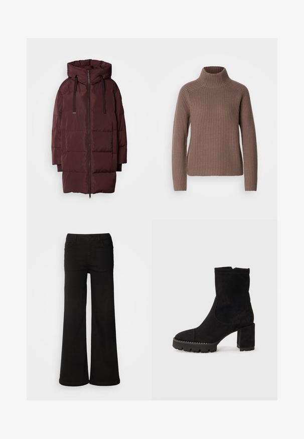 Mos Mosh MMNOVA AVON - Gewatteerde jas - fudge; Mos Mosh THYRA HIGHNECK - Trui - braun; Zwarte wijde denim broek met voorzakken, een knoopsluiting en een gladde textuur met een nette afwerking.; Zwarte enkellaarzen van suede met een vierkante neus, chunky hak en een getextureerde rubberen zool met zigzagaccenten. Gladde afwerking.