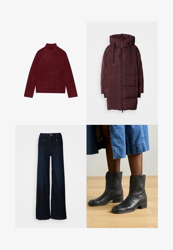 Mos Mosh MMNOVA AVON DOWN JACKET - Zimný kabát - fudge; Burgundská roláková sveter, pletený, s rebrovanými detailmi na krku a manžetách, s boxy tvarom a jemnou textúrou.; Džíny so širokými nohavicami v tmavomodrej farbe. Obsahujú predné vrecká, zlaté kovové doplnky a kontrastné steh. Hladká textúra s neformálnym dizajnom.; Čierne kožené členkové topánky s nízkym blokovým podpätkom, dekoratívnym prešívaním a bočnými zipsami, skombinované s džínsovou sukňou. Pozadie z drevenej podlahy.