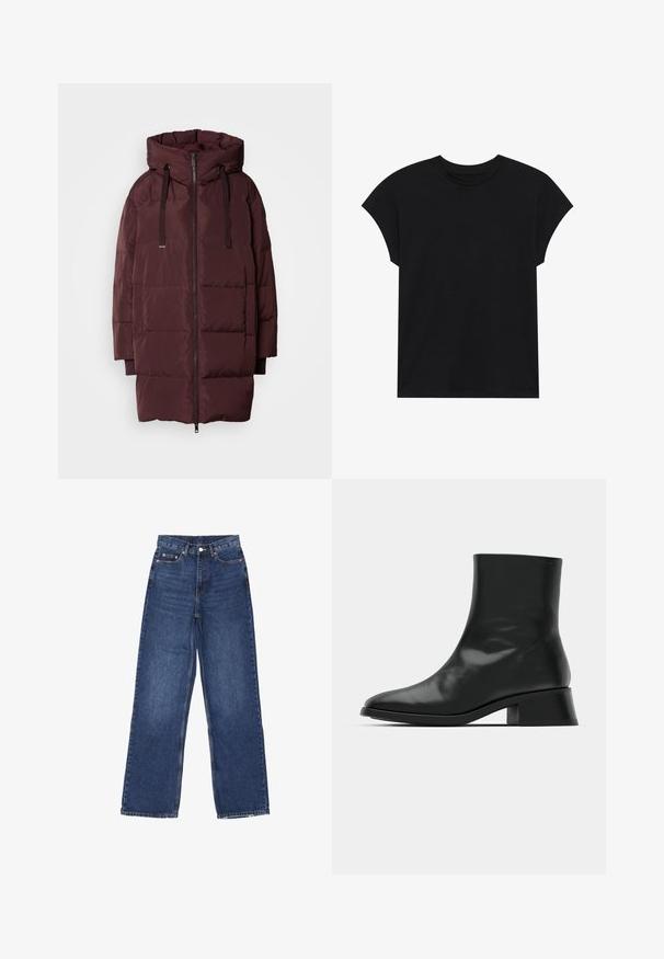 Mos Mosh AVON - Gewatteerde jas - fudge; Zwarte katoenen t-shirt met een ronde hals, korte mouwen en een comfortabele pasvorm. Soepele structuur en geen zichtbare patronen of versieringen.; Wijde spijkerbroek in blauwe denim met hoge taille, voorzien van een knoopsluiting, vijf zakken en subtiele vervaging op de stof.; Zwarte enkelboot van glanzend leer, met een slank ontwerp, spitse neus en een gematigde blokhak voor stabiliteit.