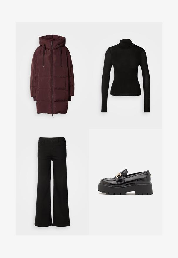 Mos Mosh MMNOVA AVON DOWN JACKET - Manteau d'hiver - fudge; Haut à col roulé noir fabriqué en matériau léger et extensible. Il présente des manches longues et une silhouette ajustée sans coutures visibles.; Pantalons larges noirs en denim, avec des poches avant, une fermeture à bouton et une texture lisse avec une finition soignée.; Steve Madden OCCUPY - Chaussons - black