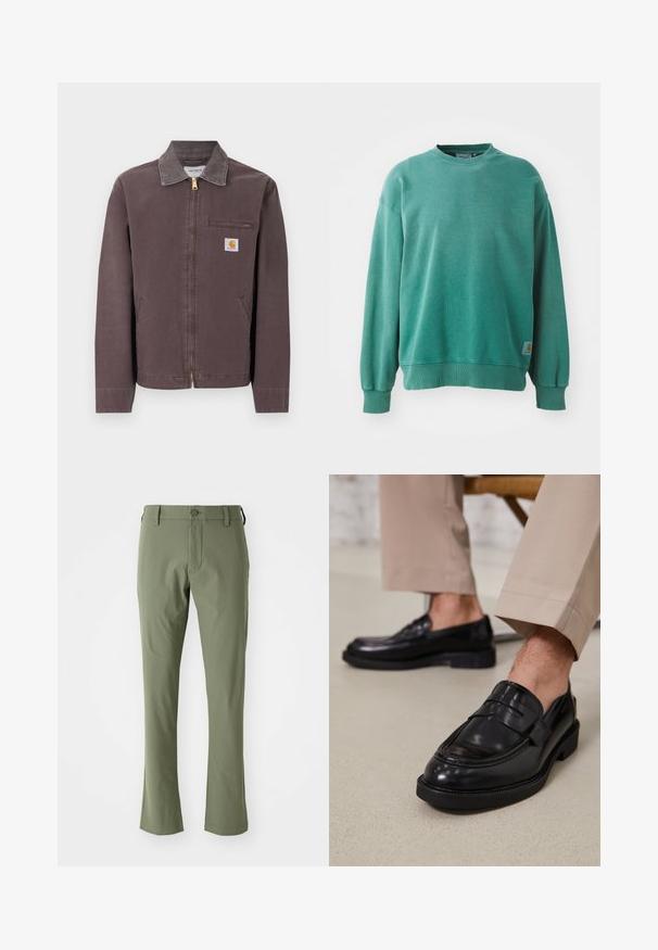 Ruskea vetoketjullinen takki kauluksella, rinnassa vetoketjutasku, kaksi sivutaskua ja Carharttin logopatch vasemmassa rinnassa.; Vihreä crewneck-huppari, joka on valmistettu puuvillasekoitteesta. Siinä on ribbaustekniikalla valmistetut hihansuut ja helma, rento malli sekä pieni logotunnus vasemmassa alareunassa.; Vihreät muotoillut housut, joissa on kapea malli, valmistettu sileästä kankaasta. Ominaisuuksiin kuuluu etuvetoketju, napin kiinnitys ja suorat lahkeet.; Musta nahkakengät, joissa on sileä pinta, koristetasku ja kontrastisomistus, yhdistettynä vaaleanbeigeihin housuihin.