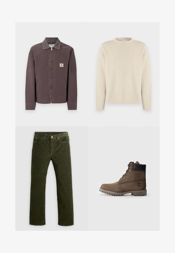 Brun lynlåstrøje med krave, lynlåslomme på brystet, to sidelommer og Carhartt-logo på venstre bryst.; Beige langærmet rundhalset sweater med subtilt lille logo på venstre bryst, vist på ensfarvet hvid baggrund.; Oliven grøn kordfløjspants med lige ben, med frontknap, lynlås, bæltesløjfer og fem-lomme design på hvid baggrund.; Brune læder ankelstøvle med sort krave, metaløjer og slidstærk grå sål. Har logo på siden og syet detaljer.