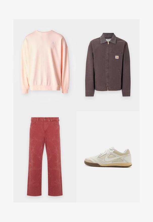 Hnedá bunda na zips s golierom, náprsné vrecko na zips, dva bočné vrecká a nášivka s logom Carhartt na ľavej strane hrudníka.; Svete ružová mikina s okrúhlym výstrihom, voľným strihom a rebrovanými manžetami. Obsahuje malé vyšívané logo na hornej časti chrbta. Mäkká textúra.; Červené rifle z denimu s uvoľneným strihom, vybavené dizajnom s piatimi vreckami, viditeľným prešívaním a jemne vyblednutými akcentmi po celej ploche.; Biele atletické topánky s textúrovaným zvrškom, sivými akcentmi, šnurovací dizajn a hnedou gumovou podrážkou. Obsahuje výrazné logo na boku.