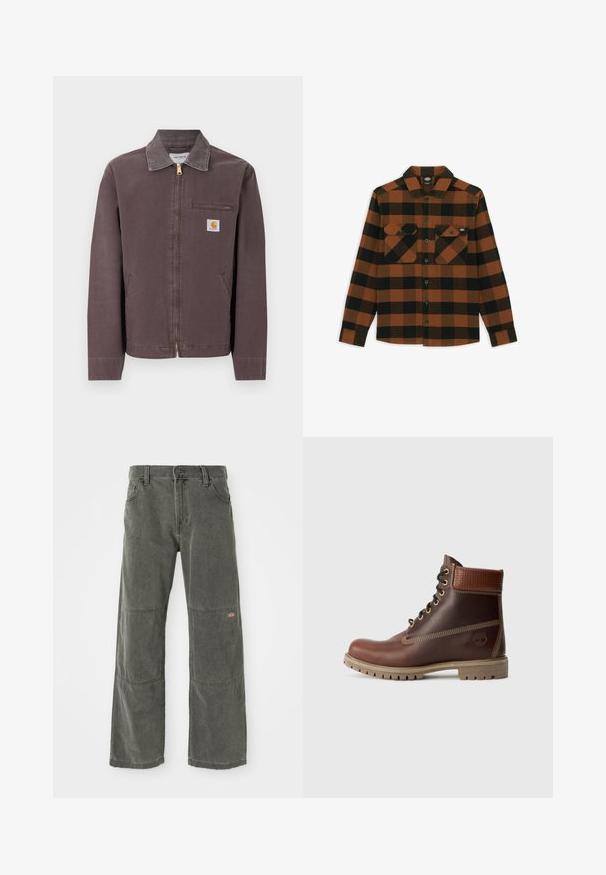 Hnedá bunda na zips s golierom, náprsné vrecko na zips, dva bočné vrecká a nášivka s logom Carhartt na ľavej strane hrudníka.; Tričko s dlhým rukávom v oranžovo-čiernej kockovanej vzore, vyrobené z textúrovaného materiálu. Má dve náprsné vrecká a zapínanie na gombíky.; Tmavošedé široké nohavice vyrobené z odolného materiálu, so záplatami na kolenách, klasickým zapínaním na prednej strane a prešitými detailmi.; Hnedé kožené čipkovacie členkové topánky s polstrovaným golierom, kontrastným prešívaním a robustnou podrážkou, zobrazené z vonkajšej strany na bielom pozadí.