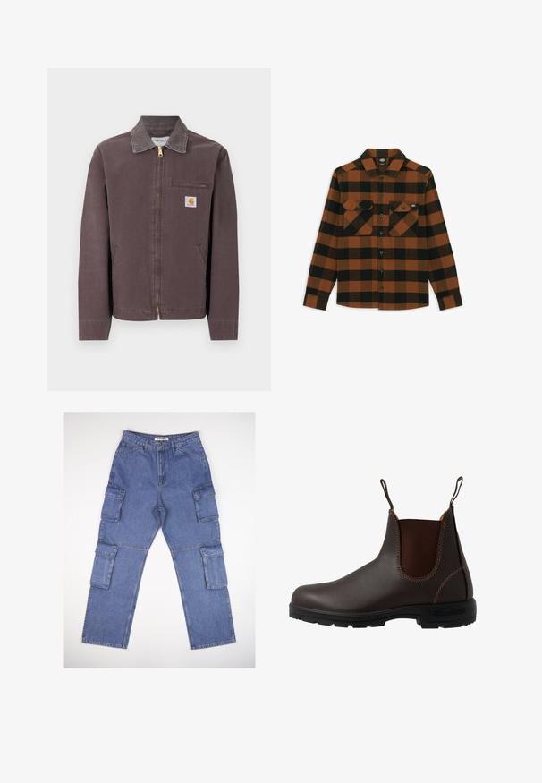 Chaqueta marrón con cremallera y cuello, bolsillo con cremallera en el pecho, dos bolsillos laterales y parche con el logo de Carhartt en el pecho izquierdo.; Camisa de manga larga en un patrón de cuadros naranja y negro, hecha de una tela texturizada. Presenta dos bolsillos en el pecho y cierre frontal con botones.; Pantalones cargo de mezclilla azul con múltiples bolsillos laterales, un diseño de pierna recta y una cinturilla clásica. La tela tiene una ligera textura y desvanecimiento.; Bota Chelsea de cuero marrón con panel elástico lateral, costuras marrones, tiradores y suela de goma resistente con un patrón texturizado.