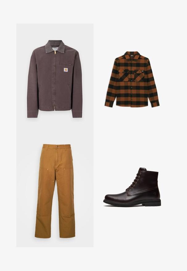 Bruin jack met ritssluiting, kraag, borstzak met rits, twee zijzakken en een Carhartt-logopatch op de linkerborst.; Langarmshirt in een oranje en zwart geruit patroon, gemaakt van een gestructureerde stof. Heeft twee borstzakken en een knoopsluiting aan de voorkant.; Bruine katoenen utility broeken met een rechte pijpdesign, voorzien van voorzakken en metalen hardware accenten voor extra duurzaamheid.; Donkerbruine leren veter enkellaars met rubberen zool en subtiel reliëflogo nabij de hak, getoond vanaf de buitenkant.