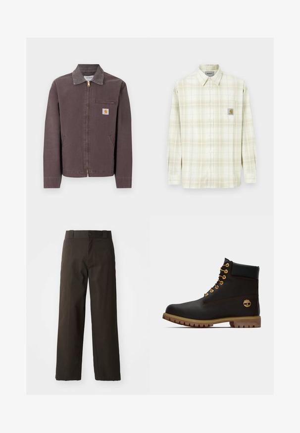 Chaqueta marrón con cremallera y cuello, bolsillo con cremallera en el pecho, dos bolsillos laterales y parche con el logo de Carhartt en el pecho izquierdo.; Camisa de cuadros de tonos claros con mangas largas, cierre de botones en la parte delantera y un bolsillo en el pecho con un parche de logo. Material de algodón con una textura suave.; Pantalones de algodón negros con un diseño de pierna recta, que cuentan con un cierre de botón y una cinturilla clásica. Textura suave, sin patrones ni acentos.; Bota de cuero negro de tobillo con ojales dorados, acentos marrones y suela de goma. Presenta un cuello acolchado y un logotipo en relieve en el costado.