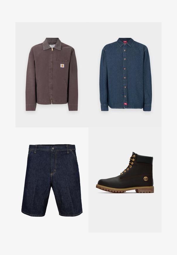 Καφέ μπουφάν με φερμουάρ και γιακά, θήκη με φερμουάρ στο στήθος, δύο πλαϊνές τσέπες και ετικέτα με το λογότυπο Carhartt στο αριστερό στήθος.; Σκούρο μπλε τζιν πουκάμισο με κουμπιά, με αιχμηρό γιακά, μακριά μανίκια και χαλκόχρωμα κουμπιά. Διαθέτει μικρή κόκκινη ετικέτα στην αριστερή πλευρά.; Τζιν σορτς σε σκούρο μπλε χρώμα με κίτρινες ραφές, διαθέτοντας μπροστινό κουμπί, θηλιές ζώνης και πλευρικές τσέπες. Λείο υλικό, σχέδιο μέχρι το γόνατο.; Μαύρη δερμάτινη αστράγαλοι μποτάκι με χρυσά μάτια, καφέ λεπτομέρειες και ελαστική σόλα. Διαθέτει επενδεδυμένο κολάρο και ανάγλυφο λογότυπο στη πλευρά.