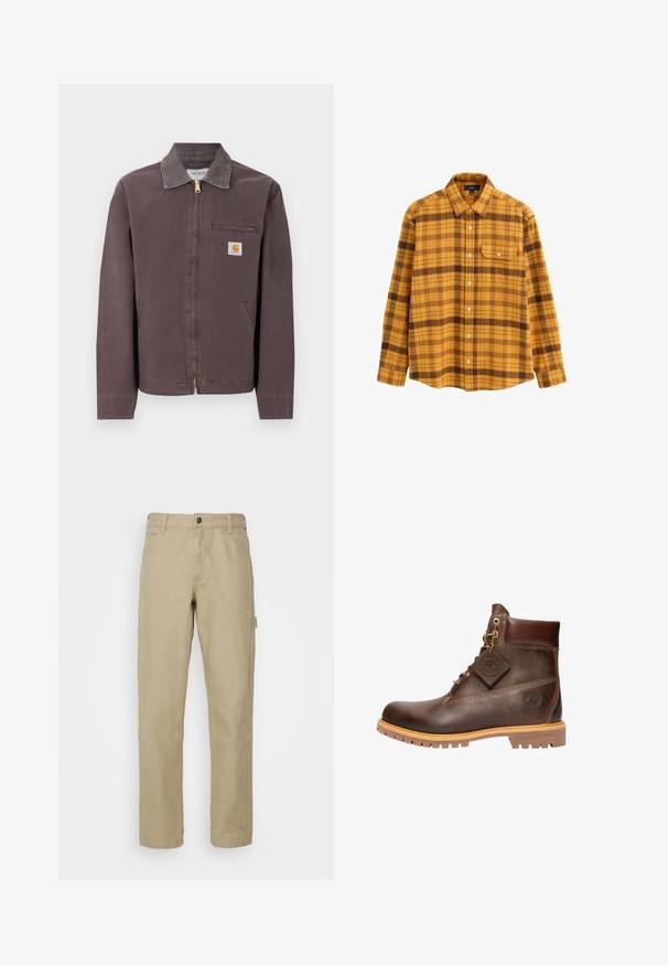 Brun lynlåstrøje med krave, lynlåslomme på brystet, to sidelommer og Carhartt-logo på venstre bryst.; Langærmet skjorte med knapper i sennepsgul og brunternet med spids krave og brystlomme på hvid baggrund.; Beige bomuldsbukser med lige ben, som har en frontknaplukning, fem lommer og en sidelomme til cargo.; Brun læder ankelstøvle med rund tå, solid sål, hardware i guldtone og en tekstureret overdel. Inkluderer et logo-tagfæstet.