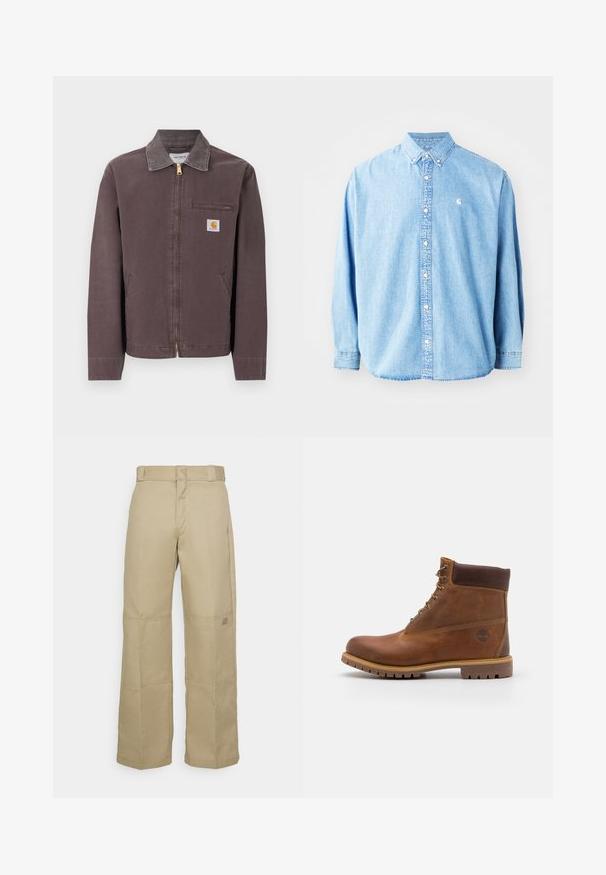 Hnedá bunda na zips s golierom, náprsné vrecko na zips, dva bočné vrecká a nášivka s logom Carhartt na ľavej strane hrudníka.; Svetlomodrá džínová košeľa na gombíky s dlhými rukávmi, špicatým golierom a malým logom na ľavej hrudi. Má voľný strih a klasický dizajn.; Bežové nohavice s širokými nohavicami vyrobené z pevného materiálu, so zvýšeným pásom, viditeľným šitím a malou nášivkou loga na boku.; Hnedé kožené turistické topánky s hladkým povrchom, polstrovaným členkom, kovovými okami a gumovou podrážkou s drsným vzorom.