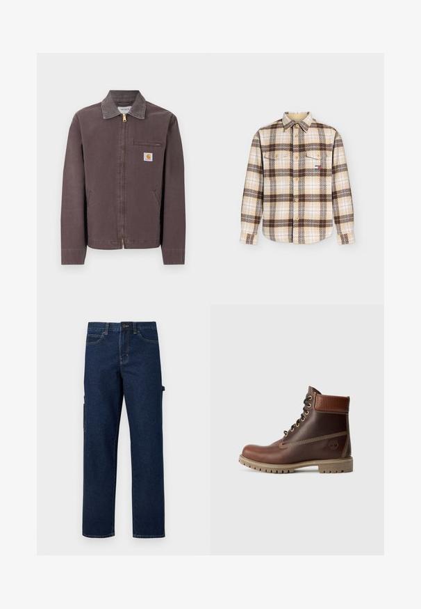 Veste marron zippée avec col, poche zippée sur la poitrine, deux poches latérales et écusson logo Carhartt sur la poitrine gauche.; Chemise à manches longues beige et marron à carreaux, boutonnée, avec deux poches poitrine et un petit logo rectangulaire sur la poche gauche.; Pantalon cargo en denim bleu foncé avec jambes droites, poches latérales et coutures contrastées. Comprend une fermeture à bouton et des passants pour ceinture.; Bottine en cuir marron à lacets, avec un col rembourré, des coutures contrastées et une semelle robuste, vue de l'extérieur sur un fond blanc.