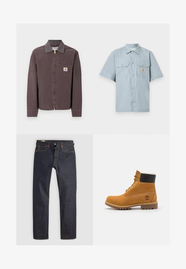 Brun lynlåstrøje med krave, lynlåslomme på brystet, to sidelommer og Carhartt-logo på venstre bryst.; Lyseblå kortærmet skjorte med knapper og to klaplommer foran samt et lille Carhartt-logo på venstre lomme.; Mørkeblå denimjeans med lige ben, prydet med orange syninger og klassisk fem-lomme design. Lukning med knap og lynlås.; Brune læder ankelstøvle med metaløjer, hvid pelsforing, sort polstret krave, robust sål og præget logo på siden.