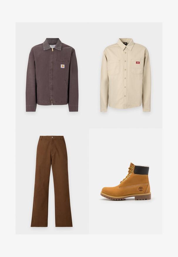 Brun lynlåstrøje med krave, lynlåslomme på brystet, to sidelommer og Carhartt-logo på venstre bryst.; Beige og hvid langærmet skjorte med lodrette striber, knapper foran, krave, to brystlommer og en rød Dickies-logo på højre lomme.; Brune bomuldsbukser med lige ben, knaplukning og to forlommer. Glat tekstur uden synlige mønstre eller udsmykninger.; Brune læder ankelstøvle med metaløjer, hvid pelsforing, sort polstret krave, robust sål og præget logo på siden.