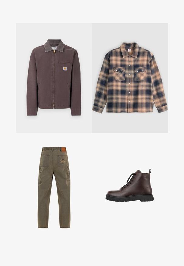Brun lynlåstrøje med krave, lynlåslomme på brystet, to sidelommer og Carhartt-logo på venstre bryst.; Langærmet ternet skjortejakke i beige og mørkeblå med to forlommer med klap og hvide trykknapper ned langs midten.; Mørkegrønne cargo-bukser lavet af slidstærkt stof, med flere lommer, en tætsiddende talje og et lille lædermærke med tekstaccent.; Brun læder ankelstøvle med rund tå, snørebåndsdesign, sort gummisål og trækstrop ved hælen. Glat overflade og minimale syninger.