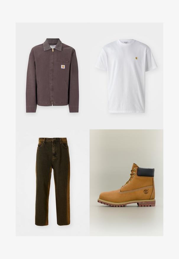 Hnedá bunda na zips s golierom, náprsné vrecko na zips, dva bočné vrecká a nášivka s logom Carhartt na ľavej strane hrudníka.; Biele bavlnené tričko s krátkymi rukávmi, okrúhlym výstrihom, s malým zlatým logom na ľavej strane hrude. Mäkká textúra a normálny strih.; Tmavohnedé rovné džínsy s predným gombíkom a zipsom, pútka na opasok a predné a zadné vrecká.; Hnedá kožená členková členková obuv s čiernym golierom, žltými šnúrkami a béžovou podrážkou. Má logo a biele prešívanie. Hrubá podrážka s dobrým záberom.