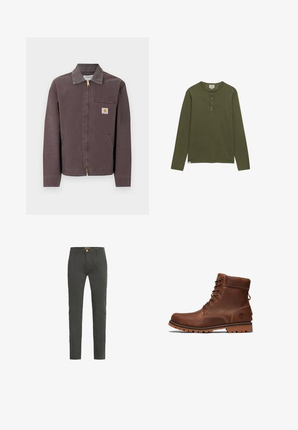 Chaqueta marrón con cremallera y cuello, bolsillo con cremallera en el pecho, dos bolsillos laterales y parche con el logo de Carhartt en el pecho izquierdo.; Camisa henley de manga larga en verde oliva con cuatro botones negros y cuello redondo, mostrada sobre un fondo blanco.; Chinos de corte slim en gris oscuro, elaborados con una mezcla de algodón. Cuentan con un cierre de un solo botón y pasadores para cinturón. Textura suave con un detalle mínimo.; Botín de cuero marrón hasta el tobillo con diseño de cordones, cuello acolchado, costuras en contraste y suela de goma con un patrón de textura.