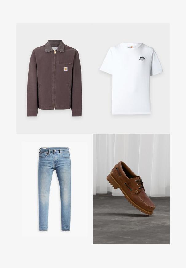 Hnedá bunda na zips s golierom, náprsné vrecko na zips, dva bočné vrecká a nášivka s logom Carhartt na ľavej strane hrudníka.; Biela bavlnená tričko s okrúhlym výstrihom, krátkymi rukávmi a malou čiernou grafikou na hrudi. Mäkká textúra a štandardný strih.; Svetlo modré úzke džínsy s miernym prehrdzavením na stehnách, predným gombíkovým zapínaním, pútkami na opasok a štýlom s piatimi vreckami na bielom pozadí.; Hnedá kožená lodná obuv s čiernymi šnúrkami, béžovým prešívaním a robustnou podrážkou, zavesená nad sivou betónovou podlahou.