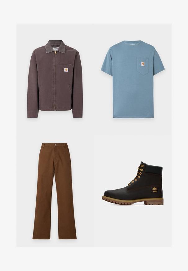 Hnedá bunda na zips s golierom, náprsné vrecko na zips, dva bočné vrecká a nášivka s logom Carhartt na ľavej strane hrudníka.; Svetlo modré bavlnené tričko s okrúhlym výstrihom, krátkymi rukávmi a náprsné vrecko na ľavej strane so štvorcovou značkou Carhartt.; Hnedé bavlnené nohavice so strihom rovného nohavice, zapínaním na gombík a dvoma prednými vreckami. Hladká textúra bez viditeľných vzorov alebo ozdôb.; Čierne kožené členkové topánky so zlatými očkami, hnedými akcentmi a gumovou podrážkou. Majú polstrovaný golier a embosované logo na boku.