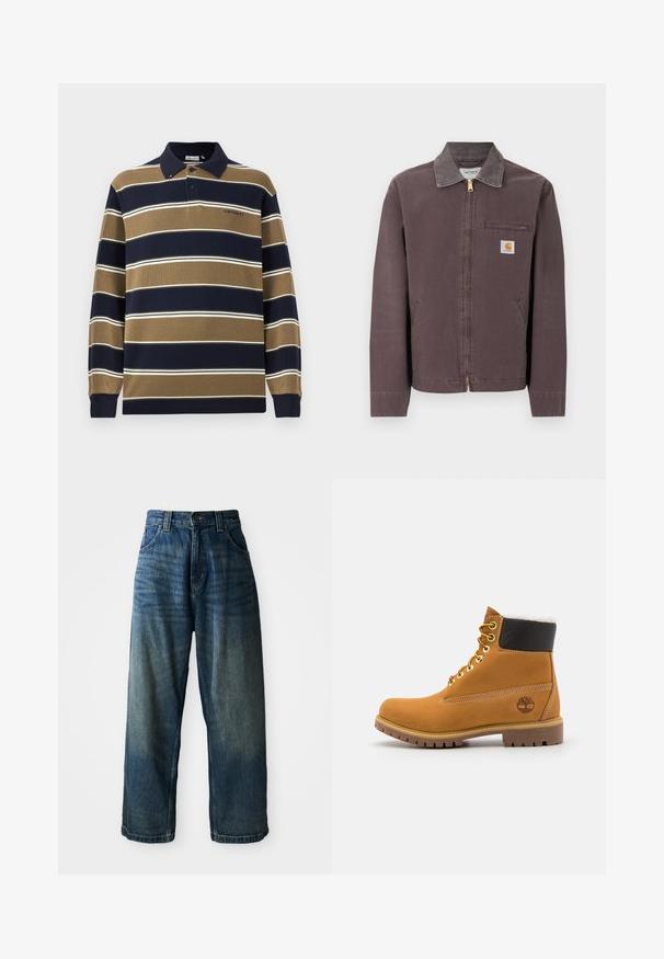 Hnedá bunda na zips s golierom, náprsné vrecko na zips, dva bočné vrecká a nášivka s logom Carhartt na ľavej strane hrudníka.; Polo s dlhými rukávmi v námorníckej modrej, pieskovej a bielej farbe s vertikálnymi pruhmi; má golier, tri gombíky na zapínanie a vyšívané logo na hrudi.; Džínsové nohavice s širokými nohavicami v modrej farbe so zosvetleným povrchom. Obsahujú päť vreciek, zapínanie na gombík a kontrastné prešívanie. Tkanina je ťažká.; Hnedé kožené ankle boot s kovovými očkami, bielym kožúškom vo vnútri, čiernym vypolstrovaným golierom, robustnou podrážkou a vyrazeným logom na boku.