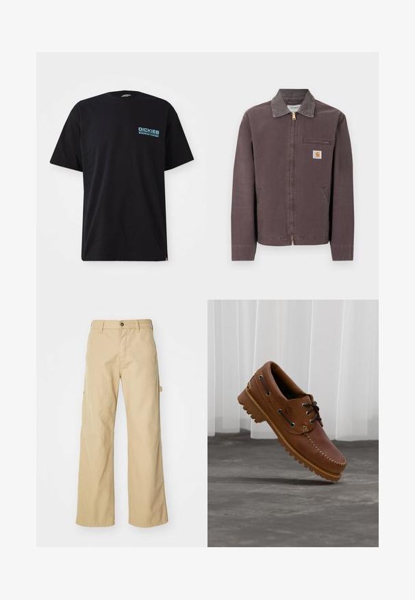 Bruin jack met ritssluiting, kraag, borstzak met rits, twee zijzakken en een Carhartt-logopatch op de linkerborst.; Zwarte katoenen t-shirt met korte mouwen, met een blauw "DICKIES WORKWEAR COMPANY" logo op de linkerkant van de borst. Standaard ronde hals.; Beige wijde cargo broek met een knoopsluiting, voorzien van zijzakken, gemaakt van stevig katoen, met een soepele textuur en een recht gesneden ontwerp.; Bruine leren bootschoen met zwarte veters, beige stiksel en een robuuste zool, zwevend boven een grijze betonnen vloer.
