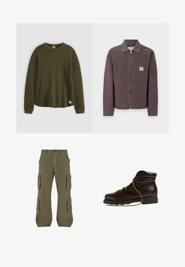 Veste marron zippée avec col, poche zippée sur la poitrine, deux poches latérales et écusson logo Carhartt sur la poitrine gauche.; Pull à manches longues vert olive en matière texturée et côtelée, avec un col rond, une coupe décontractée et une petite étiquette de marque en bas de l'ourlet.; Pantalons cargo en vert olive. Fabriqués en coton, comportant plusieurs poches latérales, une coupe droite et des détails de couture visibles.; Bottine de randonnée en cuir marron avec un bout arrondi, surface texturée, lacets jaunes et œillets en métal. Dotée d'une semelle en caoutchouc noir robuste.