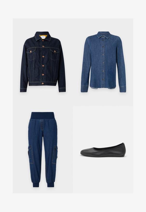 Dunkelblaue Jeansjacke mit kupferfarbenen Beschlägen, zwei Brusttaschen, geradem Schnitt und sichtbaren Nähten. Klassisches Kragen-Design.; Dunkelblaues Denim-Hemd mit langen Ärmeln, Knopfleiste, klassischem Kragen und sichtbaren Nähten. Verfügt über einen geraden Saum mit leicht geschwungenen Seiten.; Denim-Jogginghosen mit einem breiten elastischen Bund, zwei seitlichen Cargo-Taschen und gerippten Bündchen; dunkelblaue Farbe mit kontrastierenden Nähten.; Schwarze Leder-Ballettschuhe mit abgerundeter Spitze, glatter Textur, minimalen Nähdetails und einem flexiblen Sohlen-Design.