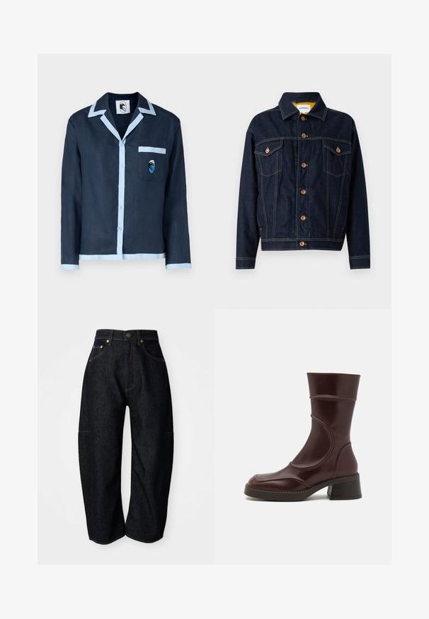 Tummansininen farkkutakki, jossa on kuparinväriset yksityiskohdat, kaksi rintataskua, suora leikkaus ja näkyvät ompeluseokset. Klassinen kauluksen muotoilu.; Navy-linned shirts med lyseblå krave og lommebånd. Har en brystlomme med et broderet design. Knaplukning ned foran.; Tummat farkut rentoa leikkausta, joissa on hienovaraiset oranssit ompeleet, etutaskut ja litteä vyötärö nappikiinnityksellä.; MIISTA MALENE - Klassiset nilkkurit - brown