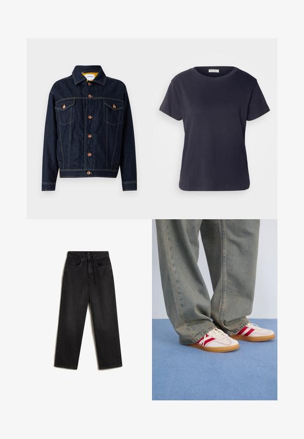 Dunkelblaue Jeansjacke mit kupferfarbenen Beschlägen, zwei Brusttaschen, geradem Schnitt und sichtbaren Nähten. Klassisches Kragen-Design.; Marineblaues Baumwoll-T-Shirt mit Rundhalsausschnitt, kurzen Ärmeln und lockerer Passform. Glatte Textur und minimalistisches Design, keine sichtbaren Muster.; Vans SIRELLE 5 POCKET PUDDLE TROUSERS, - Jeans Straight Leg - black; Weiße Sneaker mit roten Streifen, Obermaterial aus strukturiertem Canvas, runde Zehenpartie, flache Gummisohle, kombiniert mit lockeren, ausgebleichten blauen Jeanshosen.