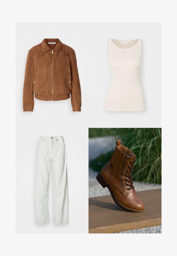 Braune Wildlederjacke mit einem Reißverschluss, geripptem Saum und Stehkragen. Verfügt über Seitentaschen mit Druckknöpfen und einer strukturierten Oberfläche.; Cremefarbener, gerippter ärmelloser Tanktop mit rundem Ausschnitt, Label "Moss Copenhagen" sichtbar im Krageninneren.; Weiße Jeans mit weitem Bein aus Denim, ausgestattet mit einem Knopfverschluss und Fünf-Taschen-Design. Glatte Textur mit minimalen Nahtdetails.; Brauner Leder-Stiefelette mit seitlichem Reißverschluss und Schnürsenkeln, auf einer Holzoberfläche im Freien platziert, mit unscharfem Grün im Hintergrund.