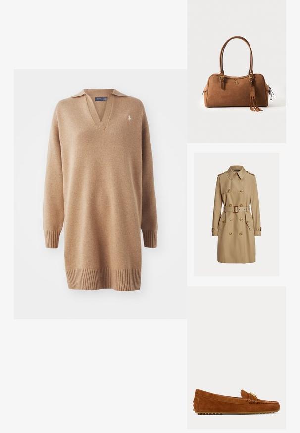 Beige knælængde trenchcoat med dobbeltradede knapper, bælte i taljen, skulderstropper og lommer med klap.; Beige striktrøje med V-hals og polo-krave. Har ribbede manchetter og kant. Broderet logo på venstre bryst. Blød tekstur.; Brun ruskind loafer med gulddetalje og gummisåle med små knopper, set fra siden på en ensfarvet baggrund.; Brun ruskindstaske med dobbelte læderhanke, guldlignende beslag, frynse samt lille præget logo foran.