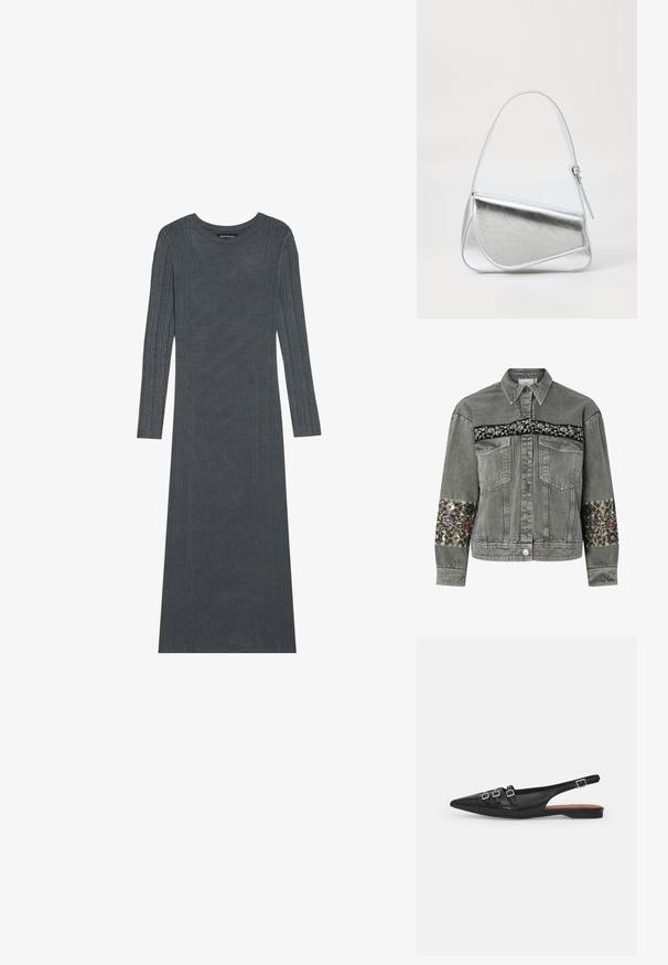 Grå denimjakke med blomstret broderede bånd over bryst og ærmer, knaplukning og to frontlommer med klap.; Langærmet, mørkegråt kjole lavet af blødt strikmateriale. Har teksturerede lodrette striber langs ærmerne og kroppen. Rund halsudskæring.; Sort læderslyngeflad sko med spids tå, der har to vandrette stropper og firkantede sølvspænder, lav hæl og glat tekstur.; Sølvmetallic håndtaske med en trekantet form, glat overflade og en tynd, justerbar skulderrem. Har et fold-over design med syninger.