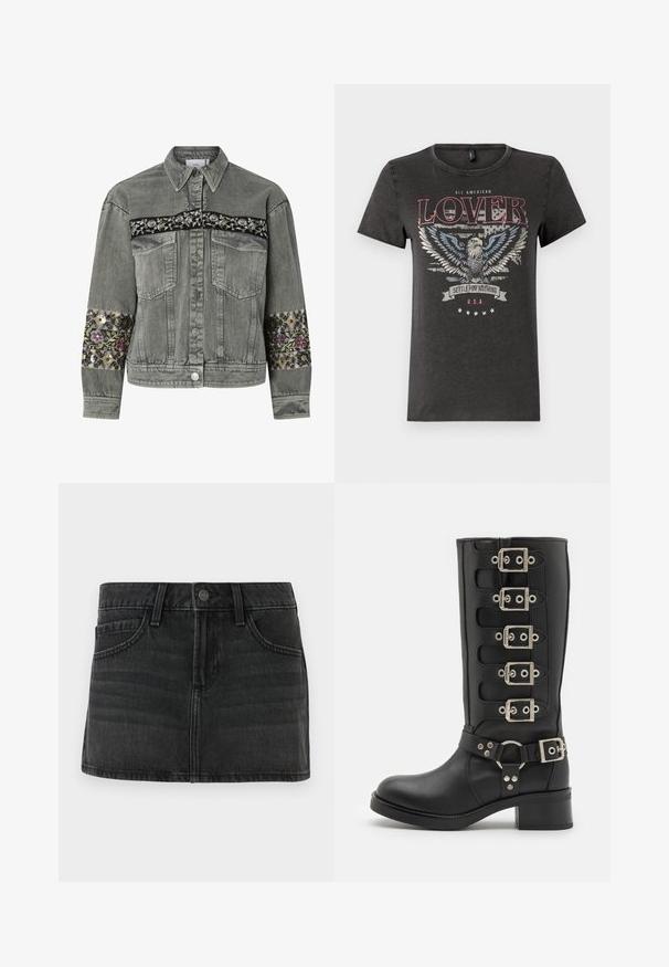 Veste en denim gris avec des bandes brodées de fleurs sur la poitrine et les manches, fermeture par boutons et deux poches avant à rabat.; T-shirt en coton gris avec un graphique d'aigle aux ailes bleues, un texte rouge indiquant "AMOUREUX 100 % AMÉRICAIN" et une bannière portant l'inscription "ACCEPTEZ RIEN DE MOINS".; Jupe en denim noir au design ajusté, cinq poches et une taille. Elle dispose d'une fermeture à bouton en métal et d'un léger effet délavé.; Botte noire haute jusqu'au genou en cuir lisse, ornée de six boucles en métal argenté, d'une large sangle avec un anneau en O et d'un solide talon bloc.