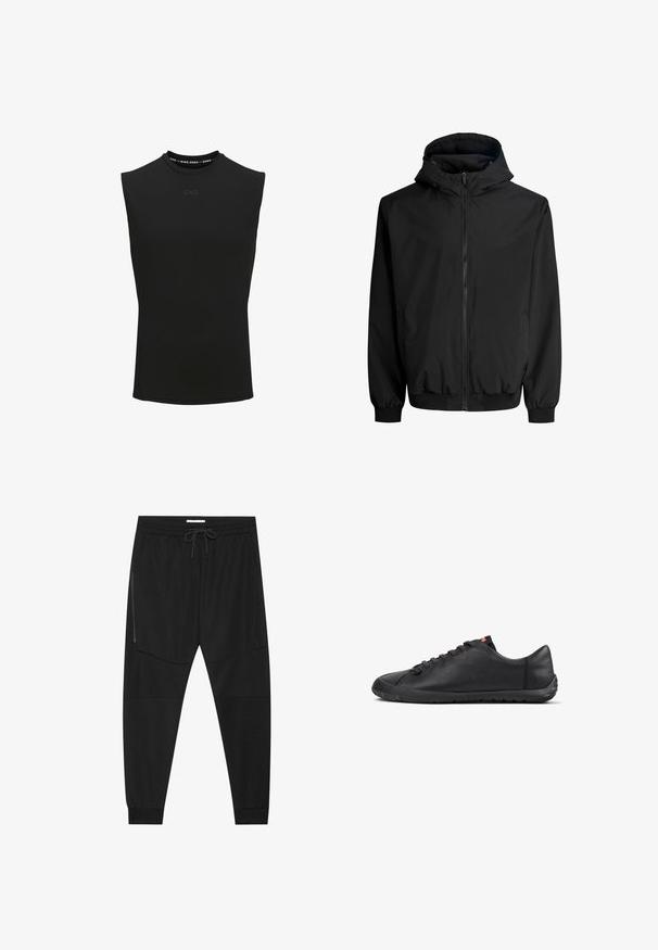 Schwarze Kapuzenjacke aus glattem Stoff. Verfügt über einen Reißverschluss, elastische Bündchen und eine lockere Passform. Minimalistisches Design ohne sichtbare Muster.; Schwarzes ärmelloses Sportoberteil mit hohem Kragen und kleinem "CNZ"-Logo auf der Vorderseite.; Schwarze Sporthosen aus strukturiertem Stoff, mit verstellbarem Bund, seitlicher Reißverschlusstasche und schmal zulaufenden Bündchen.; Schwarz flacher Ledersneaker mit Schnürung vorne, strukturierter Sohle und kleinem rotem Logoanhänger auf der Zunge, Seitenansicht.