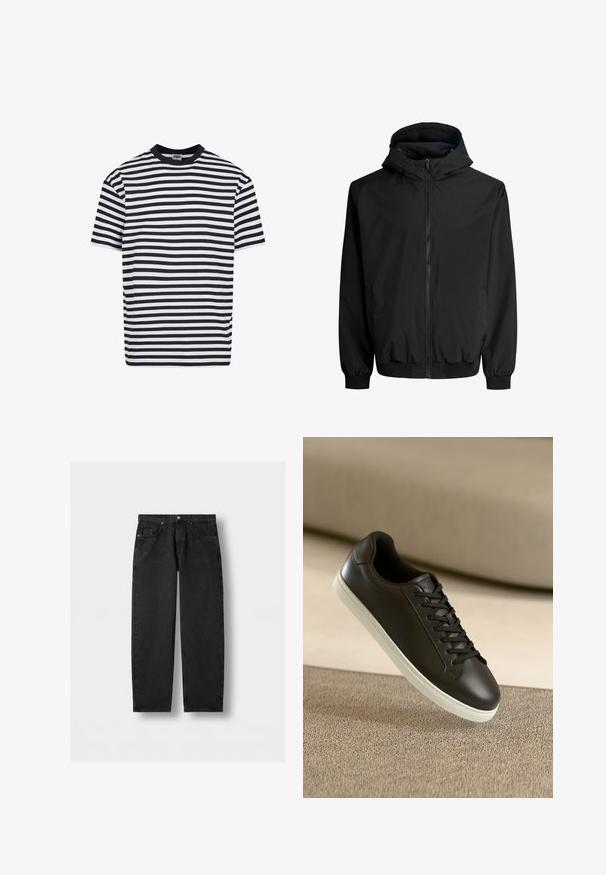 Čierna kapucňová bunda z hladkej tkaniny. Má zapínanie na zips, elastické manžety a voľný strih. Minimalistický dizajn bez viditeľných vzorov.; Čierne a biele horizontálne pruhované tričko s krátkym rukávom a čiernym golierom, označené Urban Classics, veľkosť stredná.; Čierne džíny s rovnými nohavicami, predné a mincové vrecká, zapínanie na gombík a pútka na opasok, na svetlo šedom pozadí.; Čierne kožené tenisky s bielou gumovou podrážkou a čiernymi šnúrkami, umiestnené na béžovom textilnom povrchu a pozadí.