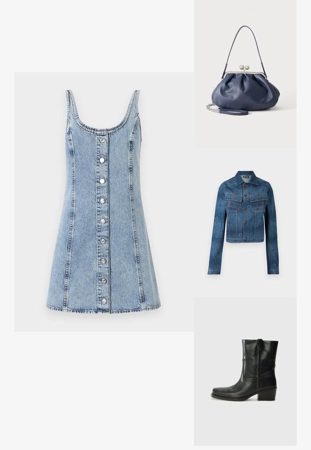 Blå denimjakke med en cropped design, to brystlommer, knaplukning foran, og subtile tonale mønstrede accenter over stoffet.; Denimkjole med en dyb udskæring og tynde stropper. Lys blå stof, A-formet, med frontknapper og synlige syninger.; Sort læder ankelstøvle med rundt tå, blokhæl, lynlås i siden og stikninger på vampsiden. Glat tekstur, klassisk design.; Blød navyblå læderhåndtaske med sølv lukning, enkelt skulderrem og aftagelig kæde til håndleddet på hvid baggrund.