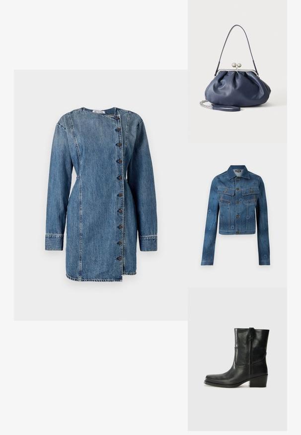 Sinine denimjakker, millel on lühike disain, kaks rinna taskut, nööbid ees ja peened tonaalsed mustrid üle kanga.; Denimkleit pikkade varrukatega, kõrge krae ja ebatasase nööbiga sulgemine. Omab keskmise sinise pesu, kerge tekstuuri ja kohandatud lõiget.; Musta nahast pahkluu saabas ümarate varvastega, plokknäppu, külgsepa ja pealsetel õmblusest aktsentidega. Sile tekstuur, klassikaline disain.; Pehme tumesinine nahast käekott hõbedase klambriga, ühe õlarihmaga ja eemaldatava ketiga randmerihmaga valgel taustal.