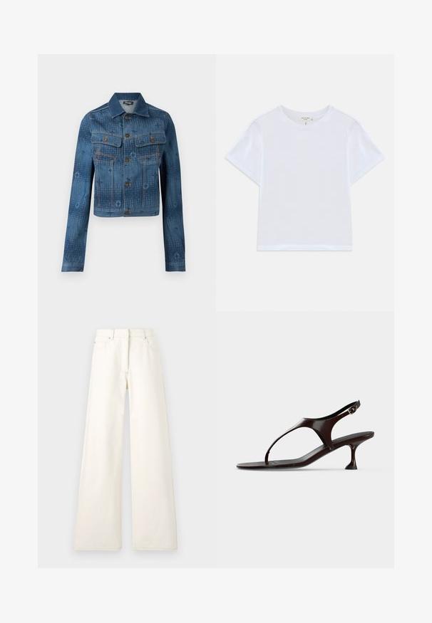 Veste en denim bleu avec un design court, deux poches poitrine, un devant à boutons, et des accents ton sur ton subtils sur le tissu.; T-shirt blanc court en coton doux, avec un col rond et des manches courtes, d'ajustement légèrement décontracté. Pas de motifs ni d'accents.; Pantalons larges de couleur crème en denim avec des coutures visibles et des poches. Le design présente une taille haute et une coupe droite.; Sandale slingback en cuir verni marron foncé avec petit talon et bride entre les orteils sur fond blanc.