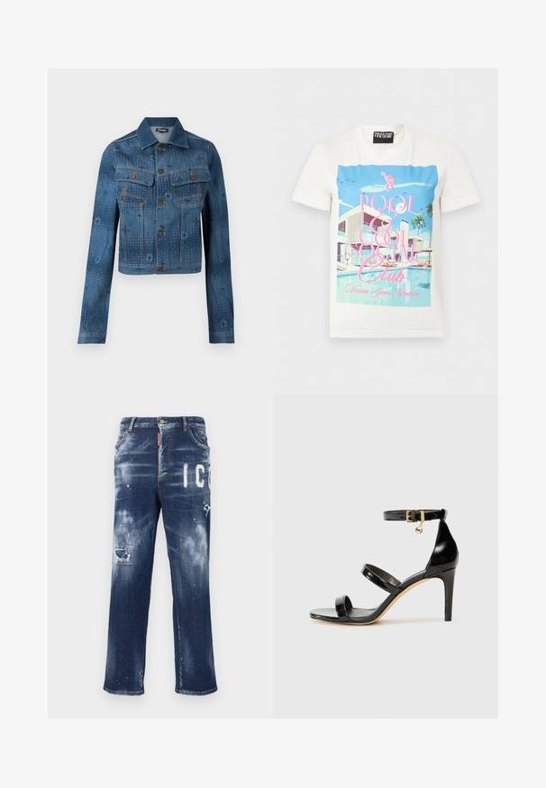 Blå denimjakke med en cropped design, to brystlommer, knaplukning foran, og subtile tonale mønstrede accenter over stoffet.; Hvid t-shirt med en farverig grafik af en moderne poolside-scene, palmer og pink tekst, der lyder "Pool & Cool Social Club."; Mørkeblå denimjeans med slidte lapper, lyse malingspletter og fed hvid tekst. Straight leg design med en klassisk pasform.; Sorte patenterede lædersandaler med tre stropper, ankelspænde og 10 cm stiletthæl. Har detaljer i guld og et logo charms.