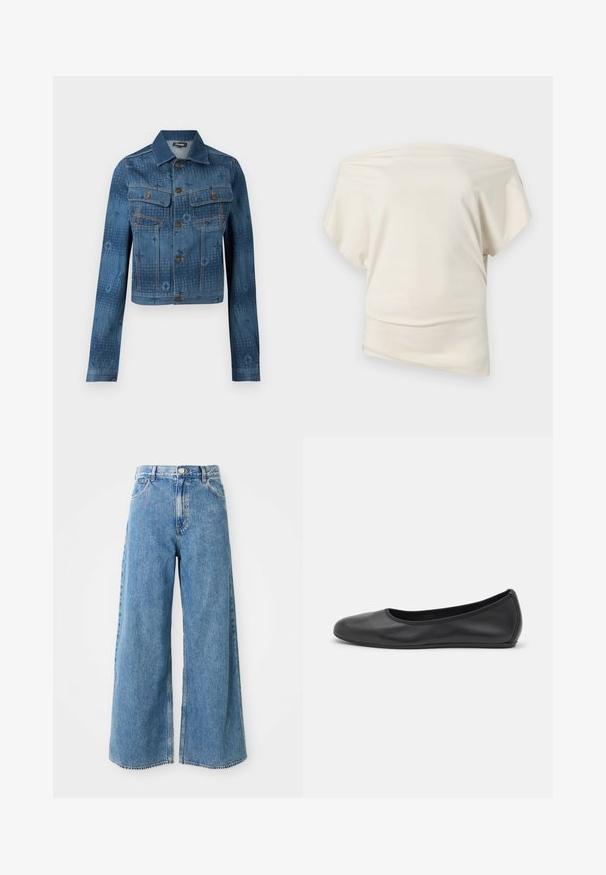Blå denimjakke med en cropped design, to brystlommer, knaplukning foran, og subtile tonale mønstrede accenter over stoffet.; Off-shoulder cremefarvet top i glat stof med løs pasform, korte ærmer og asymmetrisk linning.; Højtaljede lyseblå brede denim jeans med frontknap, lynlås og forlommer på en hvid baggrund.; Sort læderballetsko med rund tå, glat tekstur, minimal syning og et fleksibelt såldesign.
