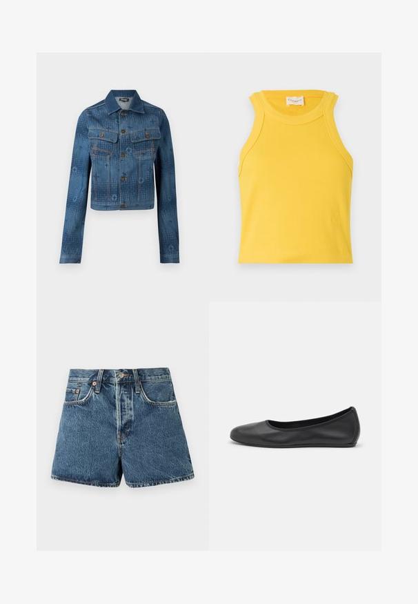 Blå denimjakke med en cropped design, to brystlommer, knaplukning foran, og subtile tonale mønstrede accenter over stoffet.; Gul ribbet tanktop med rund halsudskæring og ærmeløs design. Har et lille logo detaljeret nederst. Glat tekstur.; Denimshorts i mellemblå med høj talje, fem lommer, kontrasterende syninger og lukning med metalknap. Struktureret stof med en let falming.; Sort læderballetsko med rund tå, glat tekstur, minimal syning og et fleksibelt såldesign.