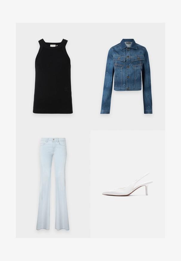 Blauwe spijkerjack met een cropped ontwerp, twee borstzakken, knoopsluiting aan de voorkant en subtiele tonale patroonaccenten over de stof.; Zwarte geribbelde tanktop met brede schouderbanden, voorzien van een ronde halslijn en een klein reliëflogo detail aan de onderkant.; Lichtblauwe uitlopende spijkerbroek van denim. Kenmerken zijn onder andere een knoopsluiting, vijf zakken en subtiele stiksels. Glad textuur en wijde benen.; Witte leren slingback damesschoen met spitse neus, lage kittenhak en een kleine decoratieve strik bovenop, zijaanzicht.