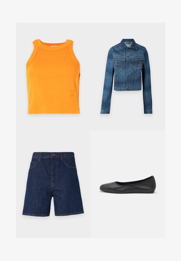 Blauwe spijkerjack met een cropped ontwerp, twee borstzakken, knoopsluiting aan de voorkant en subtiele tonale patroonaccenten over de stof.; Geribbelde oranje tanktop met een hoge halslijn en mouwloos ontwerp. Bevat subtiele logodetails aan de zoom. Zacht, rekbaar materiaal.; Donkerblauwe denim shorts met een klassiek vijf-pocket ontwerp, zichtbare oranje stiknaad en een knoopsluiting bij de taille.; Zwarte leren ballerina met een ronde neus, gladde textuur, minimale stikdetails en een flexibele zoolontwerp.