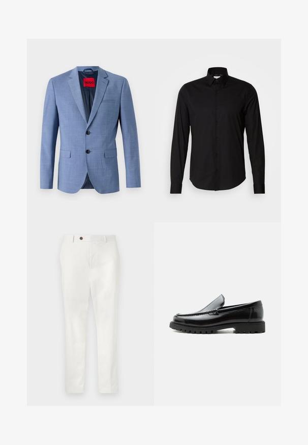 Blazer azul claro hecho de tejido texturizado, con dos botones negros, un bolsillo en el pecho y una etiqueta de marca roja en el interior del cuello.; Camisa negra de manga larga hecha de tela suave. Presenta un cuello clásico, una botonera y un dobladillo recto. Sin patrones ni acentos presentes.; Pantalones blancos hechos de una tela ligera, con un diseño de pierna recta, un solo botón marrón en la cintura y un estilo minimalista.; Mocasín de cuero negro con suela de goma gruesa, empeine cosido y nombre de la marca en relieve en el talón, mostrado en perfil lateral sobre fondo blanco.