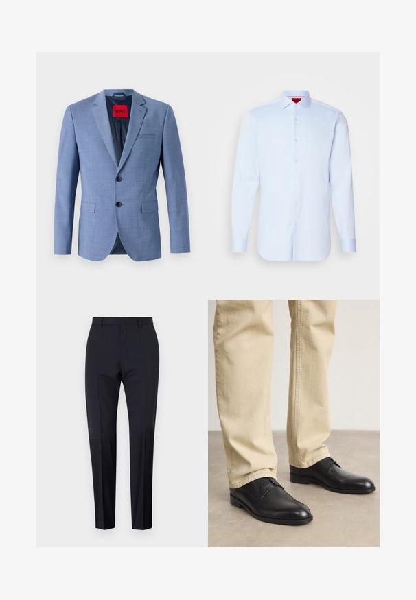 Helles blaues Blazer aus strukturiertem Stoff, mit zwei schwarzen Knöpfen, einer Brusttasche und einem roten Markenetikett im Kragen.; Helleblaue Langarmbluse mit Button-Down-Kragen, abgerundetem Saum und weißen Knöpfen. Glattes Material mit einem subtilen Glanz.; Marineblaue maßgeschneiderte Hosen, mit flachem Frontschnitt, slim fit, mit Gürtelschlaufen und Seitentaschen. Glattes Material mit einem klaren Finish, ohne sichtbare Muster oder Akzente.; Schwarze Leder Schnürschuhe mit runder Zehenform, glatter Oberfläche und dezenten Nähdetails, getragen mit hellbeigen Hosen.