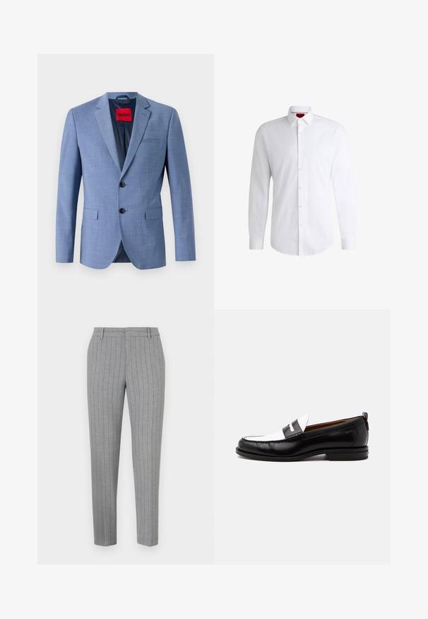 Helles blaues Blazer aus strukturiertem Stoff, mit zwei schwarzen Knöpfen, einer Brusttasche und einem roten Markenetikett im Kragen.; Weißes Herrenhemd aus glattem Stoff mit klassischem Kragen, langen Ärmeln und abgerundetem Saum. Mit eleganten beigen Knöpfen an der Vorderseite.; Graue Nadelstreifenhose mit tailliertem Schnitt, flacher Front und Seitentaschen. Hergestellt aus einem glatten Stoff mit einem dezenten Glanz.; Schwarz-weißer Lederloafer mit genähten Details, niedrigem Absatz und einem Slip-On-Design, seitlich auf neutralem Hintergrund gezeigt.